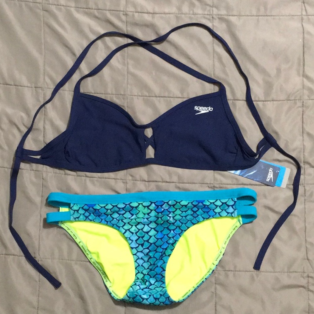 Speedo Bikini Set, Navy Peek A Boo Tie Top, Missy Franklin Mermaid Teal Bottom